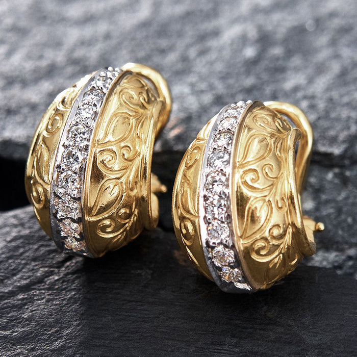 Two Tone Engraved Huggie Earrings With Central Crystal Row
