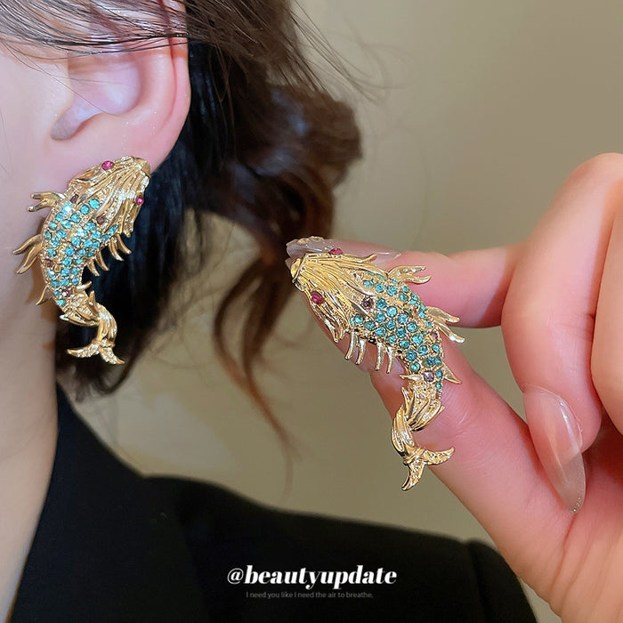 Gold Blue Crystal Koi Fish Stud Earrings Decorative Jewelry