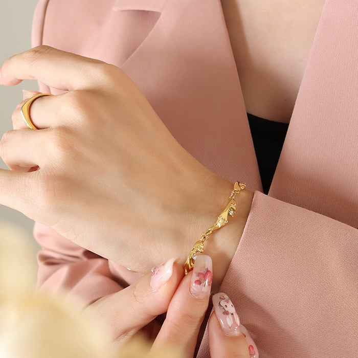 Gold Irregular Organic Link Bracelet Clear Stones Lobster Clasp