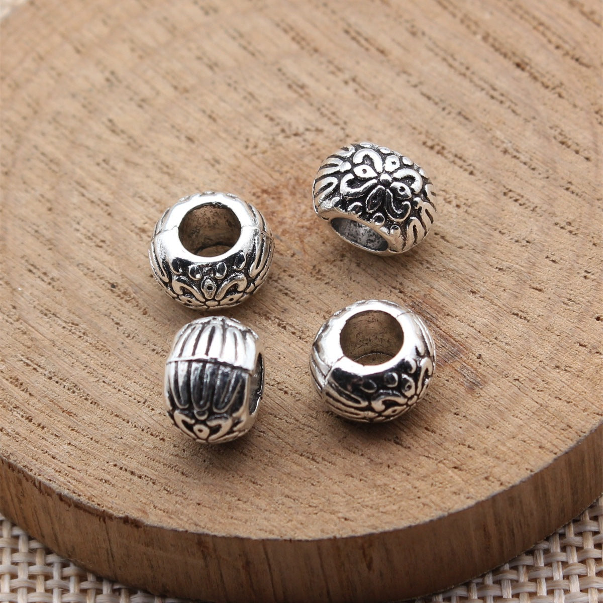 9.8x9.8x6.8mm 1.75g Antique Silver Zinc Alloy Carved Round Large Hole Spacer Beads for Bracelet Making