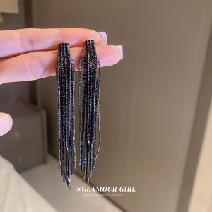 Long Crystal Chain Tassel Earrings In Silver And Black