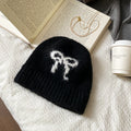 Fuzzy Bow Motif Knit Beanie Hat In Gray And Black Tones view 7