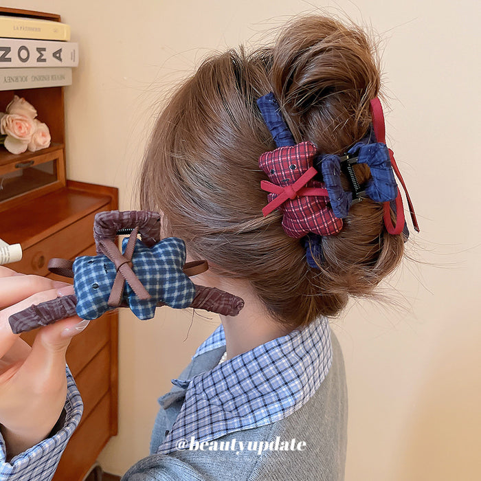 Plaid Fabric Teddy Bear Bow Shark Hair Claw Clip Style