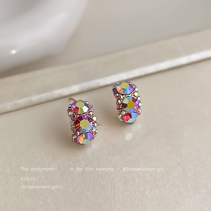 Gold Tone Multicolor Faceted Stone Curved Half Hoop Stud Earrings
