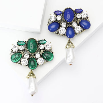 Baroque Rhinestone Brooch Pearl Drop Antique Gold Blue Green