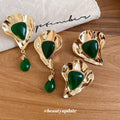 Green Geometric Drop Stud Earrings in Hammered Gold Tone view 4