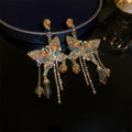 Gold Iridescent Butterfly Crystal Tassel Drop Earrings view 6
