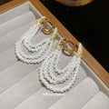 White Pearl Layered Tassel Huggie Statement Earrings view 2