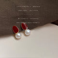 Gold Edged Burgundy Enamel And White Pearl Drop Stud Earrings view 4
