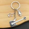 Antique Silver Guitar Microphone and Music Keychain Pair view 4