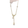 Gold Tone Leaf and Pearl Drop Y Necklace with Delicate Chain view 5