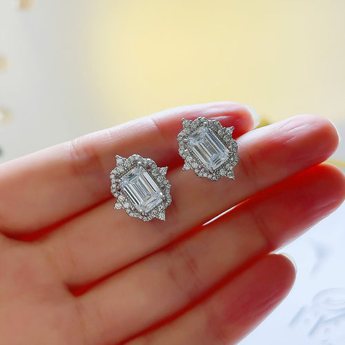 Emerald Cut Floral Frame Stud Earrings in Silver Tone, alternate angle.