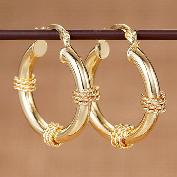 Gold Tone Rope Wrap Accent Tube Hoop Latch Earrings