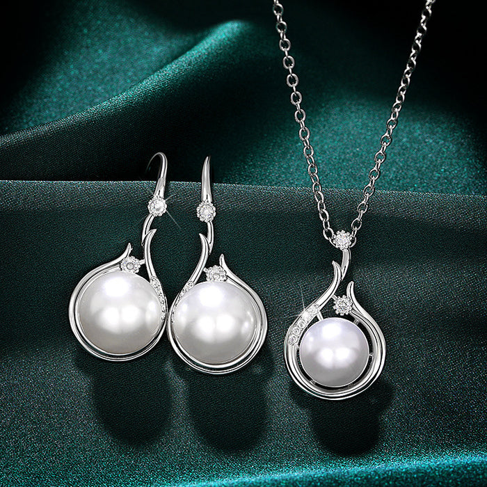 Silver Pearl Wave Drop Earrings And Pendant Necklace