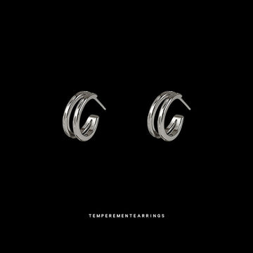 Silver Double-Band Open C-Shape Hoop Earrings Pair