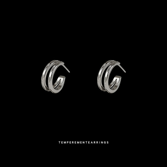 Silver Double-Band Open C-Shape Hoop Earrings Pair