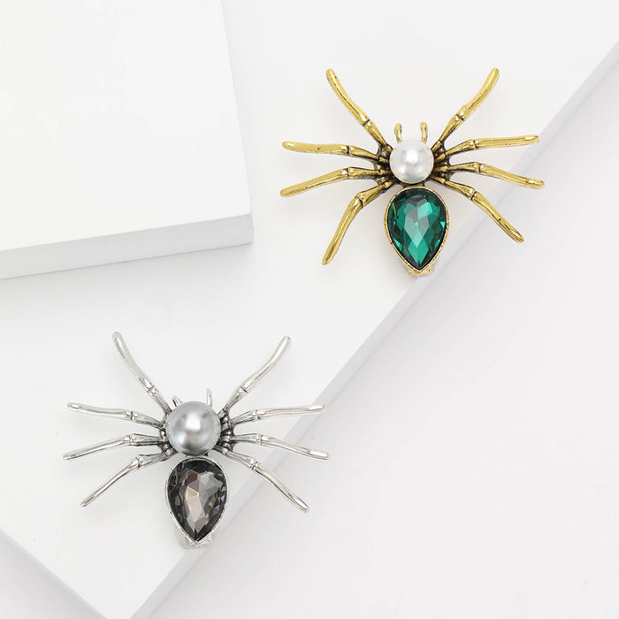 Pearl Body Spider Brooch in Green Gold or Black Silver