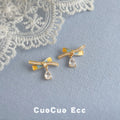 Gold Tone Clear Stone Ribbon Bow And Teardrop Stud Earrings view 1