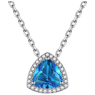 Front view of blue triangular stone framed by clear accents