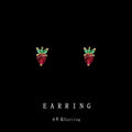 Mini Red Zircon Strawberry Stud Earrings Green Leaf Caps view 2