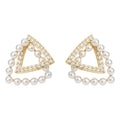 Gold Tone Clear Stone Triangle And White Pearl Border Stud Earrings view 5