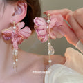 Blue Fabric Flower Crystal Tassel Stud Earrings Statement Pair view 3