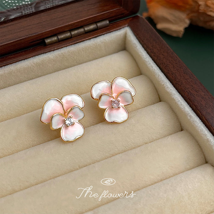 Pink White Enamel Flower Stud Earrings Gold Crystal Center