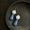 Silver White Pearl Flower Blue Teardrop Drop Earrings view 4