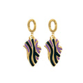 Gold Enamel Wavy Leaf Drop Earrings Green White Accents view 5