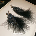 Black Crystal Fringe Clip Earrings With Feather Tassels view 4