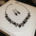 Silver Tone Black Teardrop And Gray Crystal Necklace Earring Set view 4