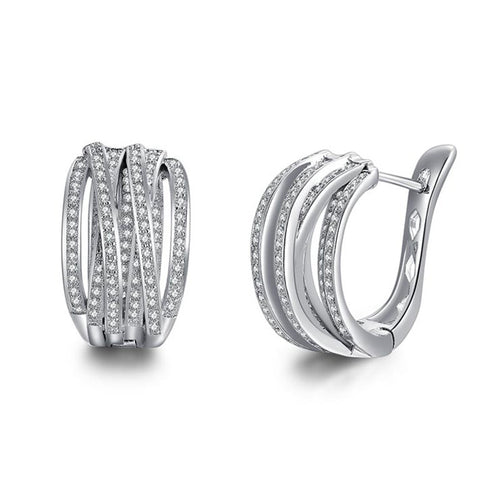 Additional product view showing silver-tone five-rail pave wide hinged hoop earrings