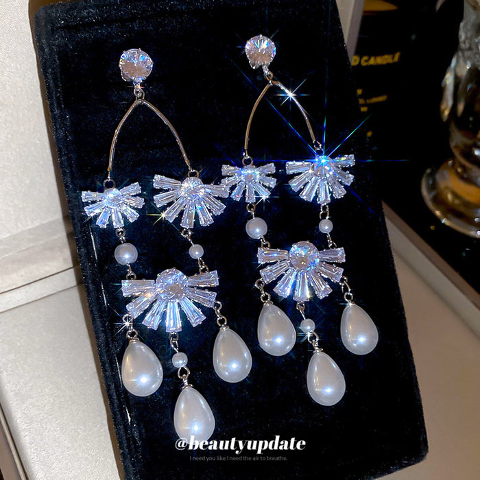 Silver Tone Crystal Petal Pearl Tassel Drop Earrings