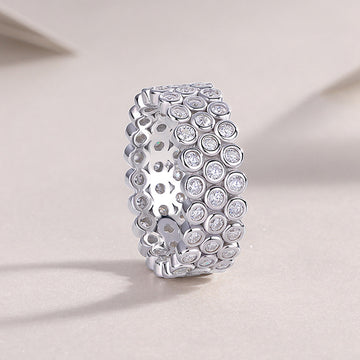 Silver Tone Three-Row Bezel Round CZ Band Ring Sizes 6-10