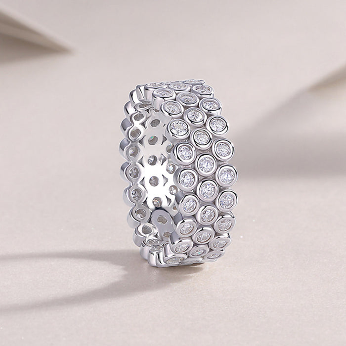 Silver Tone Three-Row Bezel Round CZ Band Ring Sizes 6-10