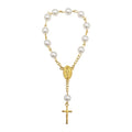 White Pearl Gold Crucifix Rosary Bracelet Medal Charm view 5