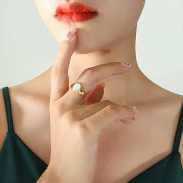 Oval White Sea Shell Signet Rings Gold Steel Tones