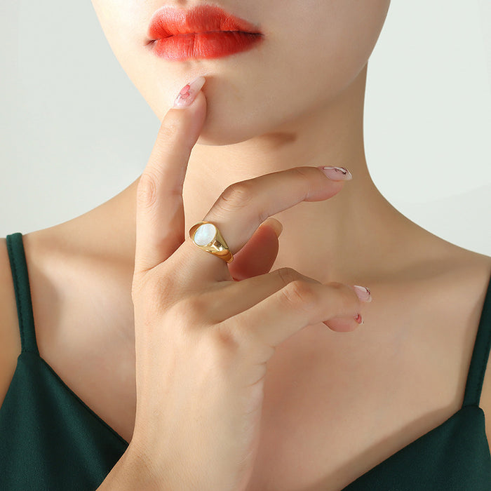 Oval White Sea Shell Signet Rings Gold Steel Tones