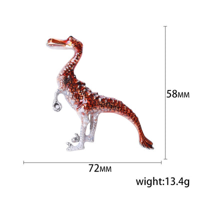 Front view of long neck standing dinosaur enamel brooch in four colors