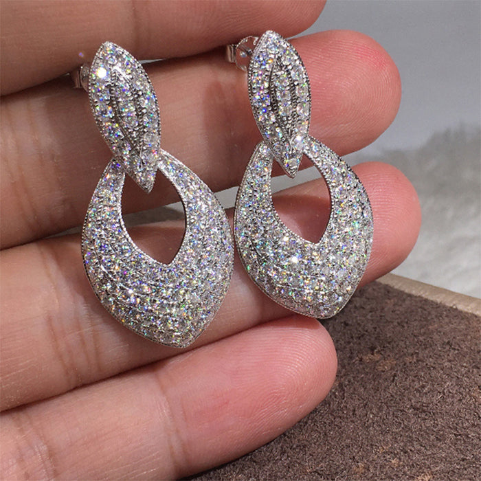 Silver Tone Pave Teardrop Hollow Drop Earrings Pair