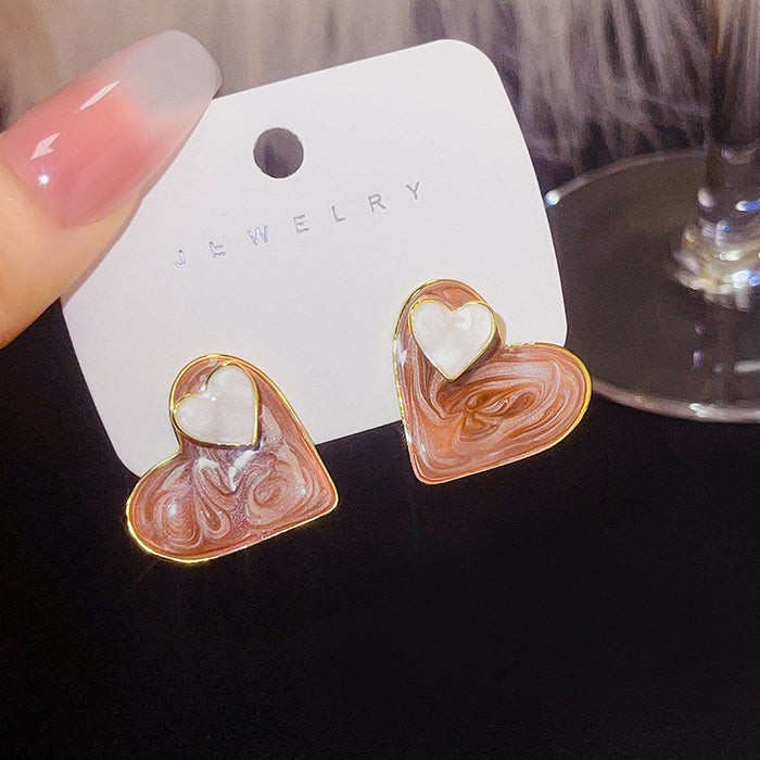 Gold Rim Marbled Enamel Heart Stud Earrings Mini Heart