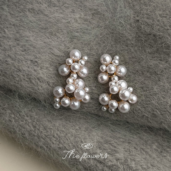White Pearl Cluster Stud Earrings Multi Size Gold Base