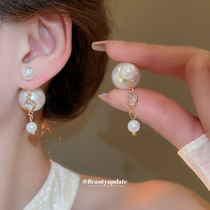 Gold Tone Double Pearl Front Back Stud Earrings Statement Pair