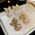 Gold Bow Pearl Drop Stud Earrings Fashion Jewelry Accessories view 2