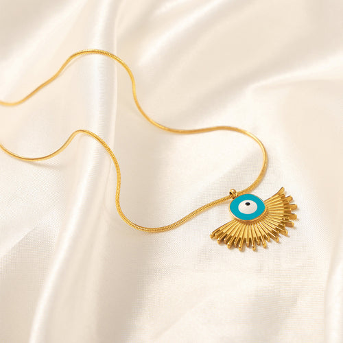 Blue enamel evil eye fan pendant on gold snake chain satin