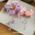 Fabric Flower Pearl Tassel Duckbill Hair Clips Pink Purple view 4