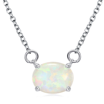 White metal oval opal pendant necklace product close-up