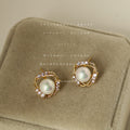 Gold Tone Clear Stone Halo Large White Pearl Stud Earrings view 4