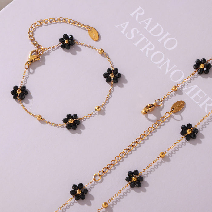 Gold Black Daisy Natural Stone Necklace Bracelet Set Pieces