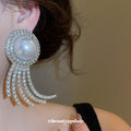 Pearl Like Round Stud Earrings With Curved Stone Tassels view 3